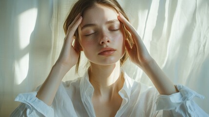 Fototapeta premium Soft focus portrait of emotional exhaustion, white button-up shirt, hands pressed against temples, natural home lighting, intimate lifestyle photography, muted tones