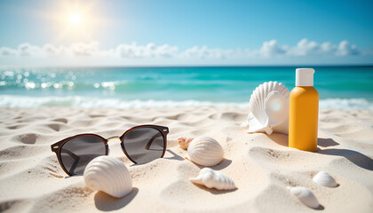 Sunglasses sunscreen lotion and shells on a beach - Summer vacation essentials for skincare