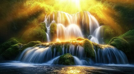 Golden Waterfall Serenity: A Cascade of Tranquility
