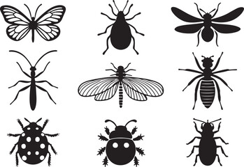 A set of insect silhouette vector and illustration designs, using solid flat black color, isolated on a white background.
