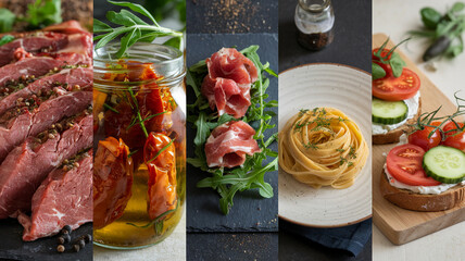  Elegant culinary collage showing gourmet food progression, marinated meat, olive oil with herbs, styled appetizer, fresh tagliatelle pasta, and rustic bruschetta. Natural lighting highlights textu