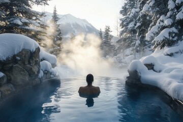 A tranquil setup of a person soaking in an outdoor hot spring surrounded by snow-covered rocks and trees, steam rising into the crisp winter air.