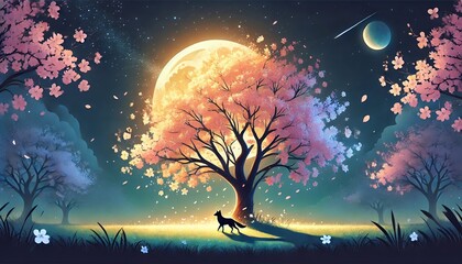 A Serene Spring Night with a Majestic Cherry Blossom Tree Under Moonlight