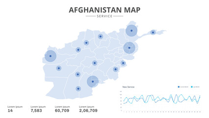 Service centers are highlighted within the of Afghanistan Infographic map. Business Infographic Map of Afghanistan. Vector Map of a Afghanistan map. Easy to edit