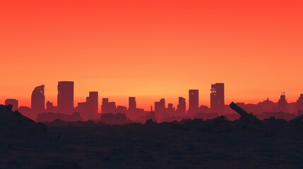 Dystopian Cityscape at Sunset with Ruined Buildings and Red Sky