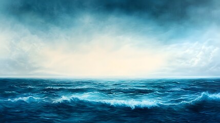 Dramatic and powerful seascape image showing a turbulent churning ocean with large crashing waves and an ominous moody cloudy sky in the background  The scene conveys a sense of intensity energy