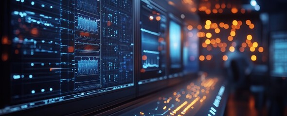 Naklejka premium Futuristic Digital Control Room with Glowing Graphs and Data Visualizations in a High-Tech Environment Emphasizing Innovation and Technology Trends