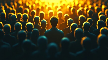 Fototapeta premium crowd of people silhouette going to the yellow lights