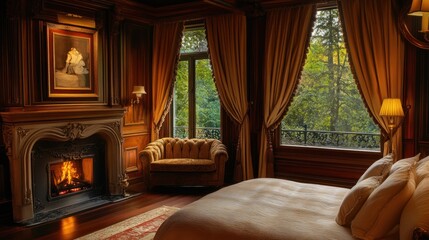 Luxury Bedroom with Fireplace and Autumnal View