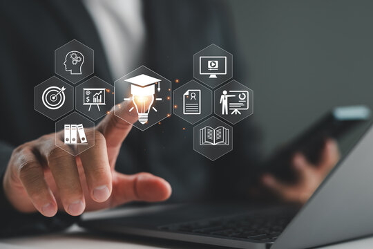 E-learning graduate certificate program concept. man holding lightbulb showing graduation hat, Internet education course degree, study knowledge to creative thinking idea and problem solving solution