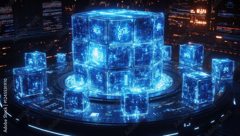 Poster futuristic digital data storage with glowing cubes in a high-tech environment displaying complex blu