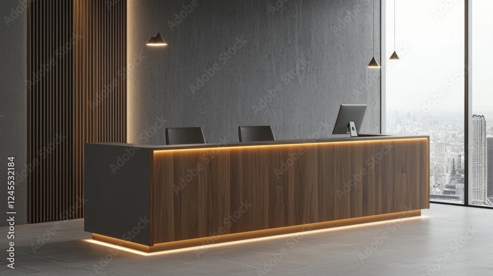 Poster stylish reception area featuring a contemporary desk with warm lighting and a panoramic city view th