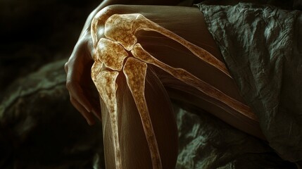 Naklejka premium Arthritic knee pain representation, luminous bone structure overlay, mature skin texture, neutral colored clothing, gentle shadows, anatomical education style, professional medical lighting