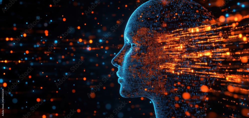 Poster futuristic digital human face representing artificial intelligence with abstract data flow and neon 