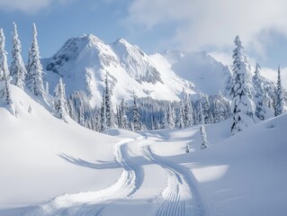 Majestic snow covered mountains and a winding path through a winter wonderland