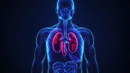 Medical illustration front view human torso, glowing blue translucent body scan, illuminated red kidney system, dark background, anatomical visualization style, digital medical art, ultra detailed