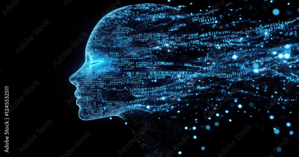 Poster futuristic digital human silhouette made of glowing binary code and particles flowing in space repre