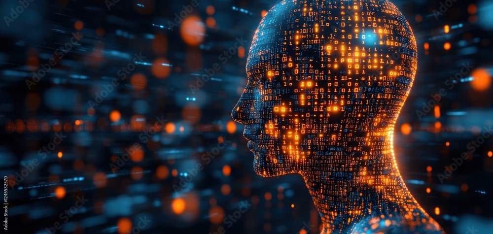 Poster futuristic digital human silhouette with glowing binary code, representing artificial intelligence a
