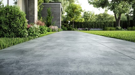 Obraz premium The smooth, gray concrete driveway, freshly poured with clean edges and subtle texture, contrasts beautifully with the surrounding lush green grass and manicured garden