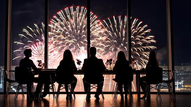 A family seated around a reunion dinner table, with a backdrop of glowing fireworks through a large window, symbolizing festive joy.