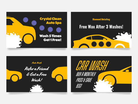 Car wash loyalty cards promoting discounts and services at a local auto spa for customers looking to maintain their vehicles