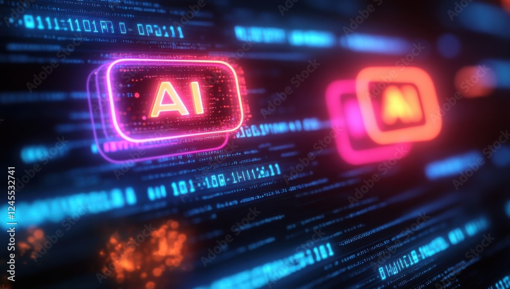 Aufkleber futuristic digital interface displaying glowing ai symbols amidst abstract data streams representing