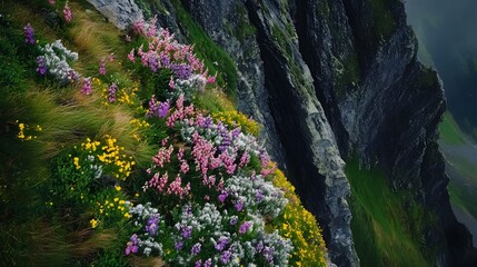 Obraz premium Vibrant wildflowers blooming on a lush hillside, colorful petals against a backdrop of green foliage, nature's tranquility.