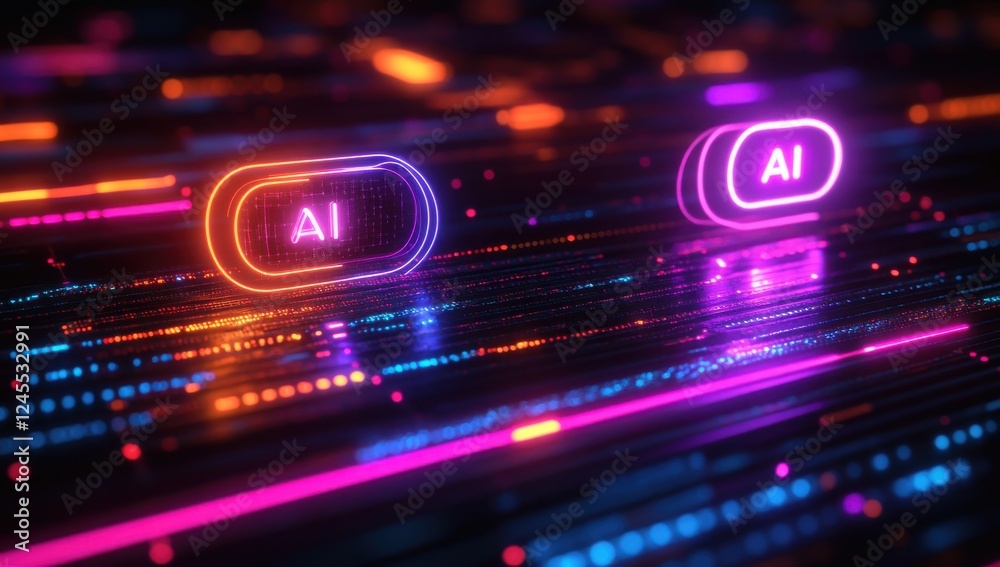 Aufkleber futuristic digital interface with colorful neon lights featuring ai symbols and lines of data flow i