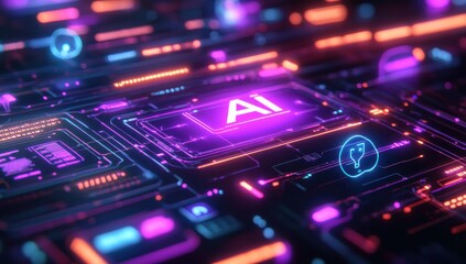 Futuristic digital interface showcasing advanced artificial intelligence technology with vibrant neon colors and circuit patterns in a virtual environment