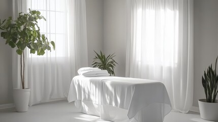 therapeutic massage treatment, bright white spa room, professional practitioner techniques, relaxed patient pose, soft natural lighting, medical wellness photography, pristine treatment table, gentle
