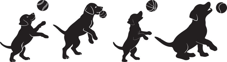 Baby dogs playing silhouette with ball, black color dog symbol vector and illustration design.