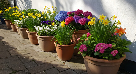 Colorful spring flowers bloom in pots, a floral decoration of nature's beauty