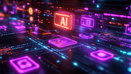 Obraz premium Futuristic Digital Landscape Featuring Neon Technology Symbols and AI Concept in Cybernetic Network Environment