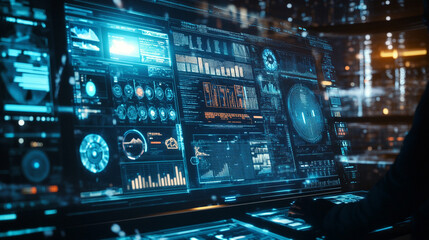 Obraz premium Futuristic Digital Interface Screen Data Technology HUD Neon Blue Glow Design Modern System Charts 