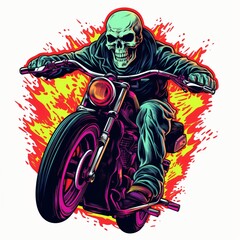 Skull Rider Speeding on a Motorcycle Surrounded by Vibrant Flames. Generative AI