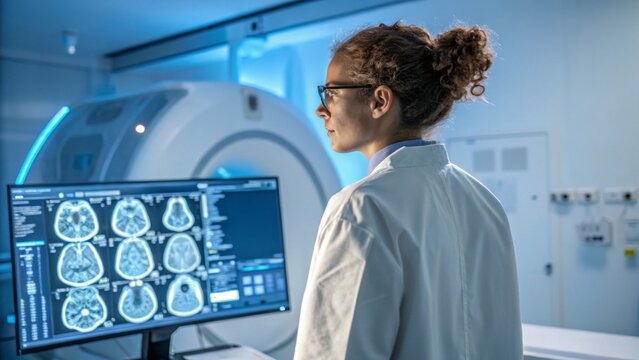 A female doctor in a lab coat examines brain scan images on a digital screen in an MRI room using advanced medical imaging and healthcare technology  
