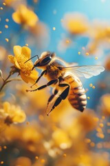 Naklejka premium Honeybee collecting pollen from yellow flower in spring meadow