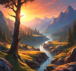 Illustration of fantasy scenic landscape.