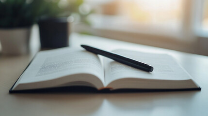 Open notebook next to black pen, simple clean workspace, organized desk setup, natural morning light