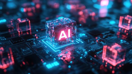 Futuristic digital representation of artificial intelligence with glowing cubes and vibrant neon colors in a tech-inspired environment