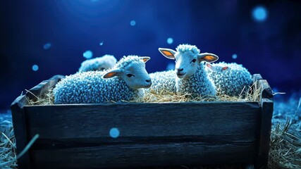 Cozy lambs resting in wooden crate surrounded by mystical blue glow - Powered by Adobe