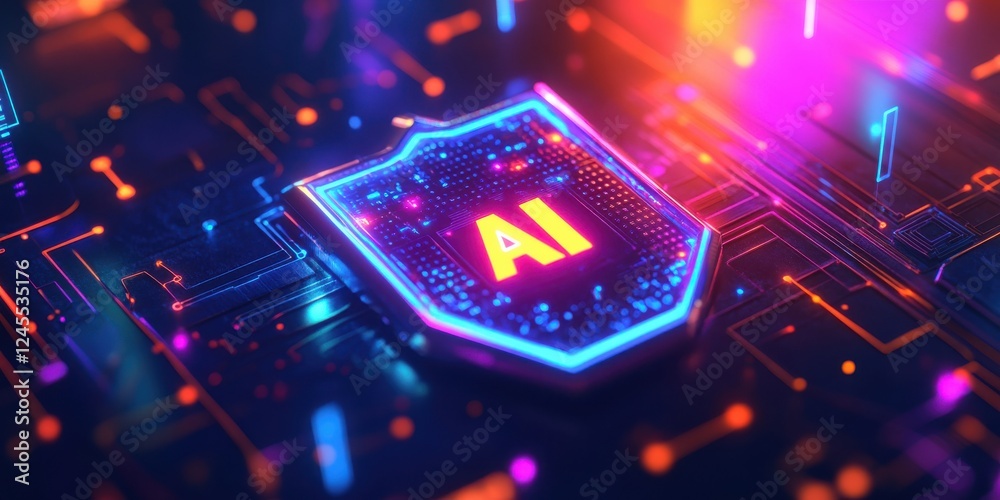 Poster futuristic digital shield with ai symbol illuminated by colorful lights on a circuit board backgroun