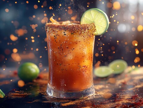 Refreshing Michelada drink with chili rim and lime garnish against bokeh background