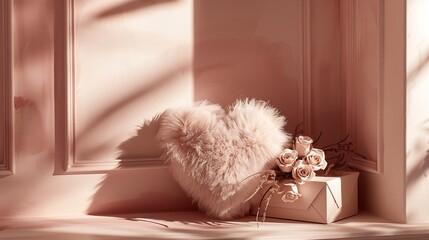 A gift box featuring a furry heart pillow and paper rose blooms, set elegantly against a subtle pink background with a shadowy vignette 