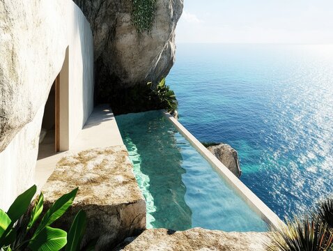 Stunning oceanfront infinity pool seamlessly blending with cliffside architecture offering breathtaking views