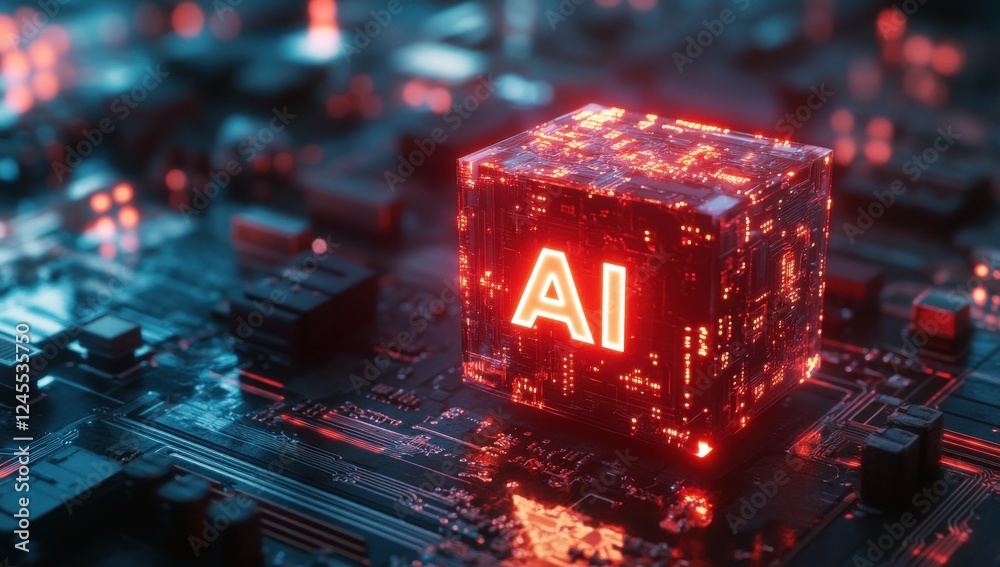 Aufkleber futuristic glowing ai cube on a circuit board, showcasing advanced technology and digital innovation