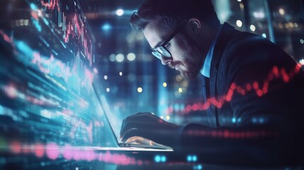 Businessman using laptop computer analyzing sales data and financial growth graph chart report. Business planning, strategy and development. Financial accounting. market research, data analysis