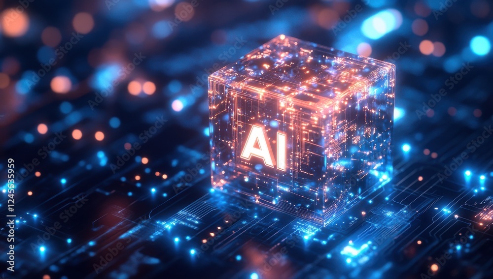 Poster futuristic glowing ai cube surrounded by digital data streams and connections in a mesmerizing techn