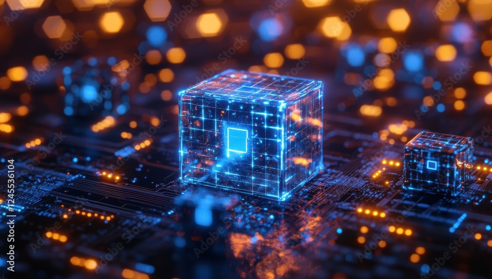 Poster futuristic glowing cube network on dark digital background with abstract circuitry patterns and lumi