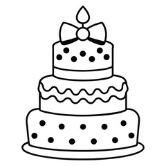 Black and White Birthday Cake Outline with Candle and Bow. Line art birthday cake icon, Set of silhouette birthday cake vector illustration
